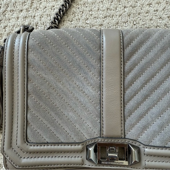 Rebecca Minkoff NWT Love Gray Suede Chevron Quilted Crossbody Tassel Bag Purse - Picture 4 of 11
